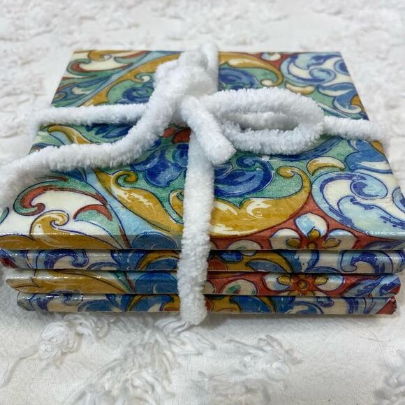 HANDMADE Cork Coaster Set of 4 Spanish Tile Style Vibrant Hacienda Tuscan Casita - Picture 2 of 6